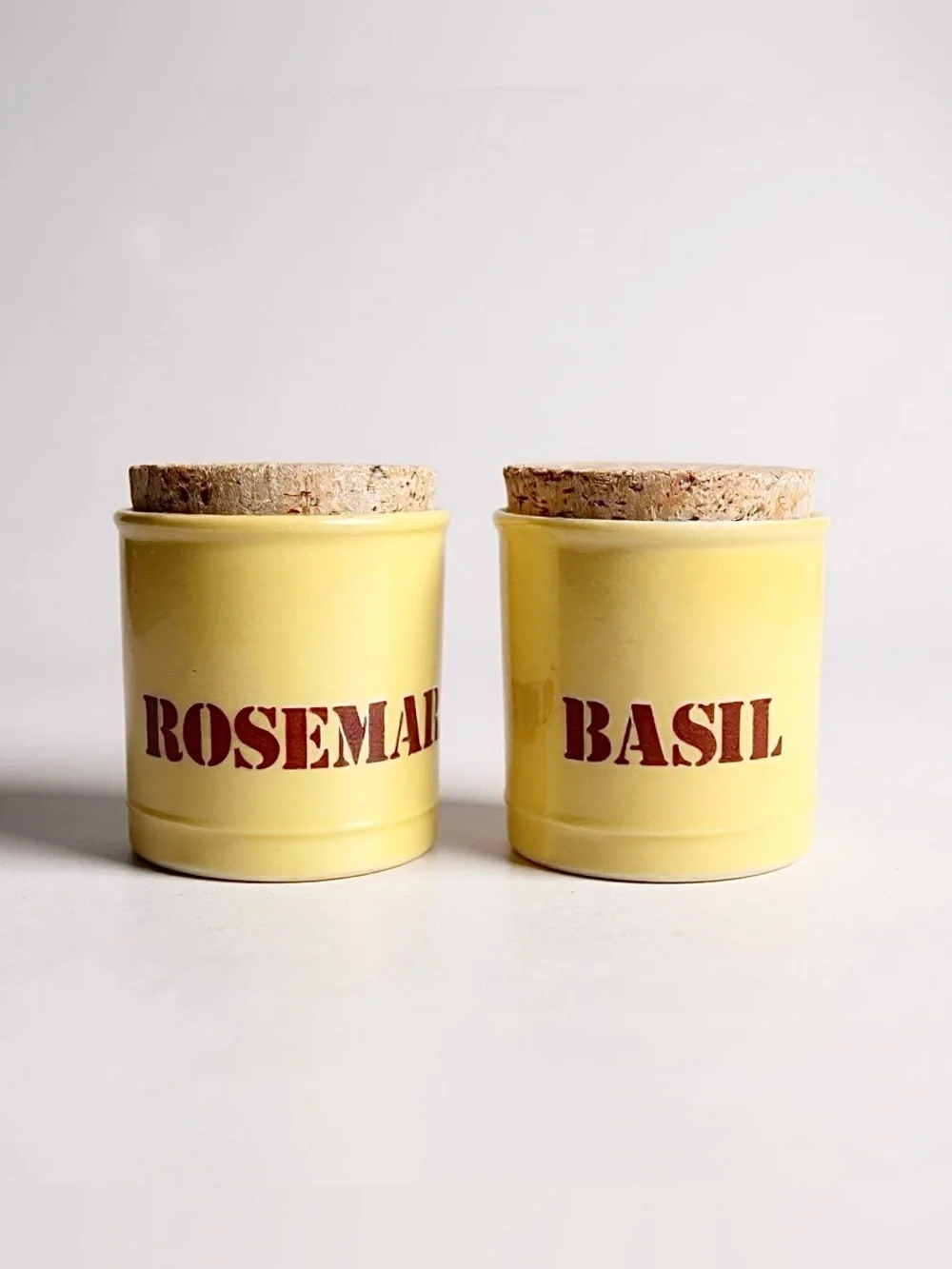 Vintage Kiln Craft Yellow Ceramic Spice Jars Set Rosemary Basil Cork Lids 70s